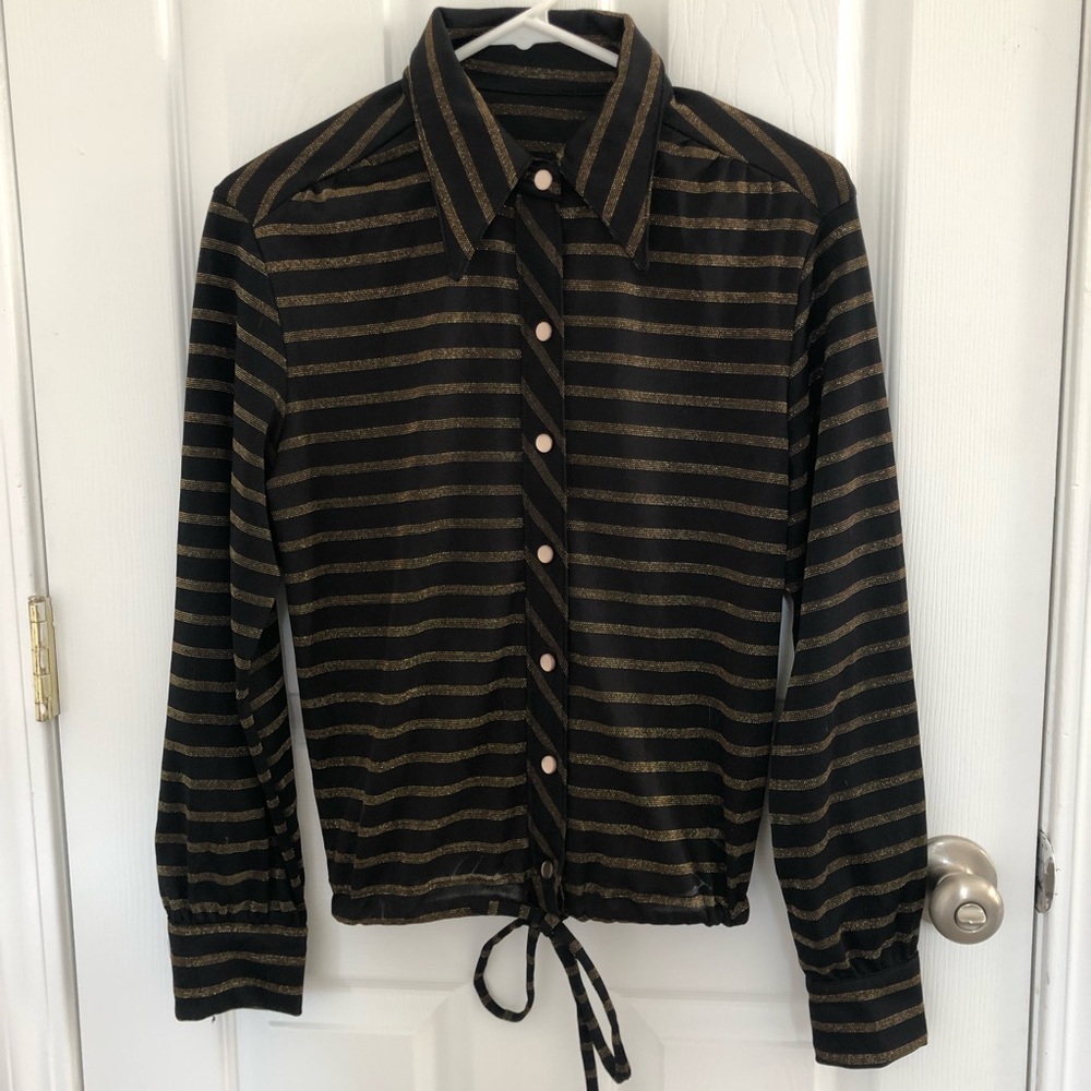 Vintage Disco Blouse Gold Stripes Tied Waist
